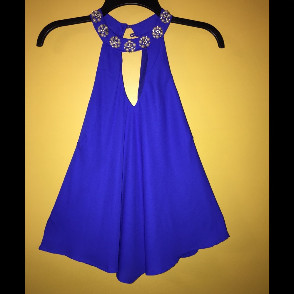 Pretty blue jeweled neck blouse size medium